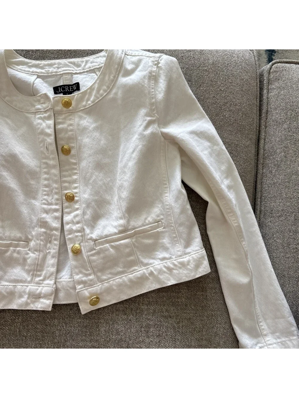 J.Crew Re-Imagined Size 4 White Cropped Denim Jacket Gold Crest Buttons